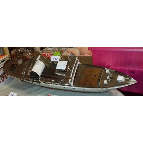 417 - Approx. 76cm long radio control model boat restoration project & 2 x model boat magazines