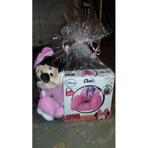 478 - Gift wrapped minnie mouse soft toy and inflatable chair