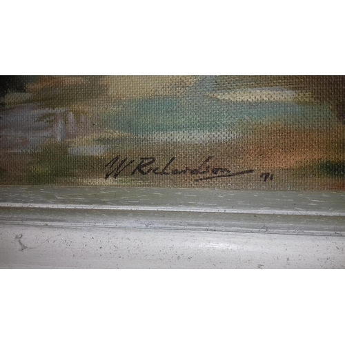 489 - 135 x 51 cm oil on board coastal scene signed W.RICHARDSON '71