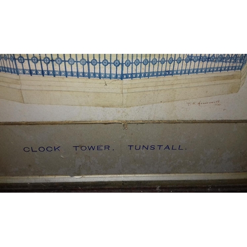 543 - 72 x 52 cm picture of clock tower Tunstall in distressed and unglazed oak frame, signed P.H.ARROWSMI... 