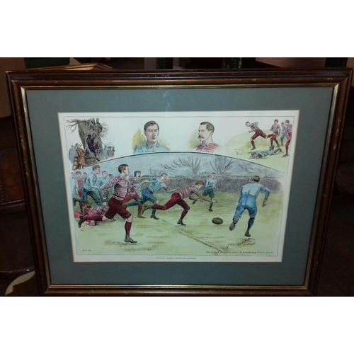 8 - Framed hand tinted print titled North vs South at Richmond depicting late 1800’s rugby match