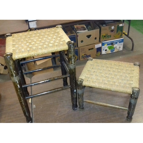 429 - 46 cm tall and one smaller wooden stools with woven seat