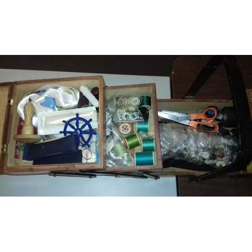 304 - Wooden cantilever sewing box and contents