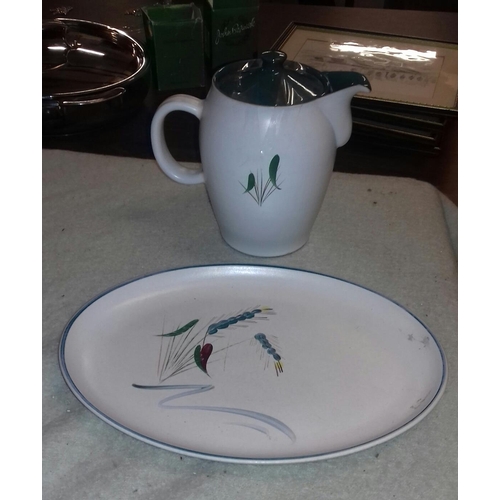 45 - Denby green wheat pattern platter and teapot