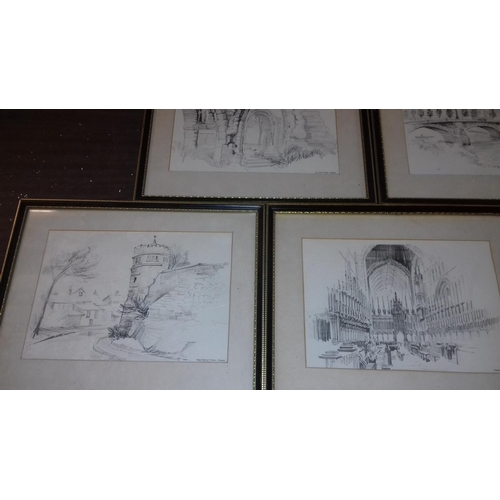 335 - Set of 5, 31 x 25 cm, framed pencil study prints of Chester scenes