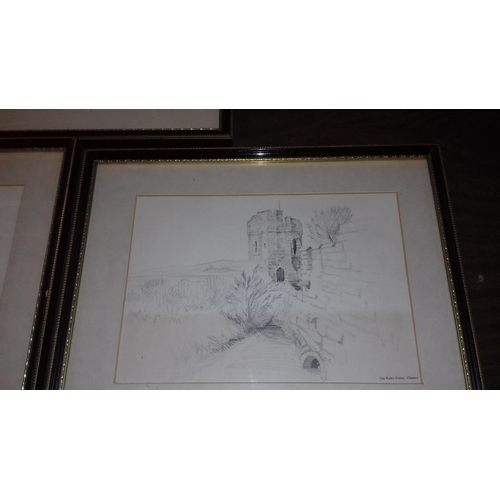 335 - Set of 5, 31 x 25 cm, framed pencil study prints of Chester scenes