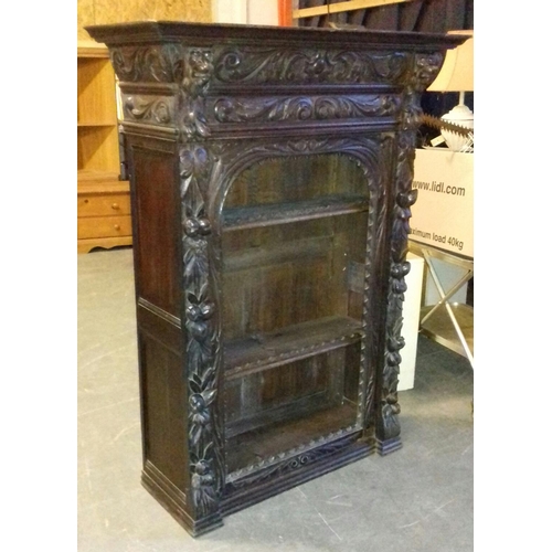 460 - 106 x 42 x 141 cm ornate carved Victorian 3 shelf bookcase