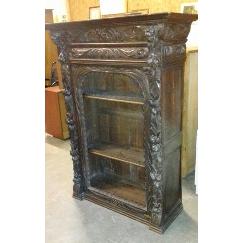 460 - 106 x 42 x 141 cm ornate carved Victorian 3 shelf bookcase