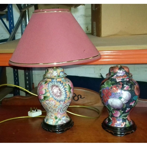 408 - Floral patterned ceramic lamp which shade and Moorcroft style lamp converted to ornament