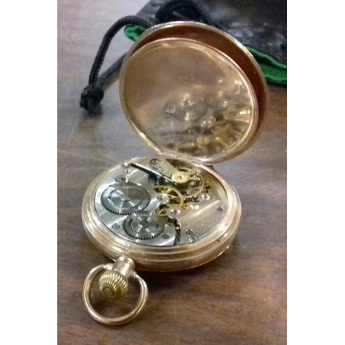 590 - Vintage Tacy 'Admiral' pocket watch in working order but no glass, in 375 stamped 9 carat gold Denni... 