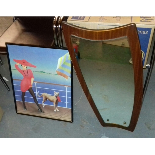 22 - Retro teak sail shaped wall mirror & 53 x 43 retro picture