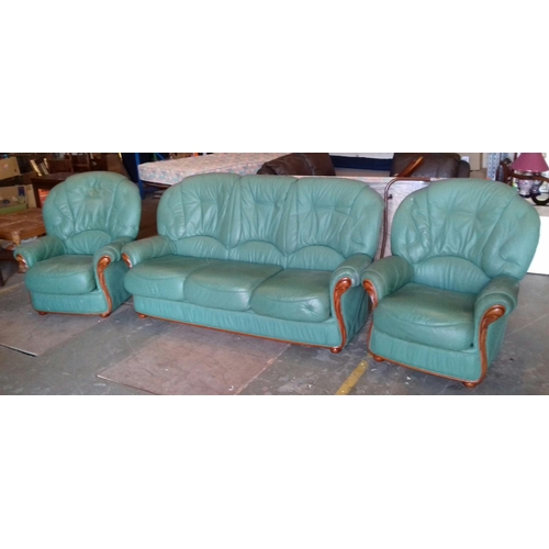 381 - Green leather 3 + 1 + 1 suite with wooden detail