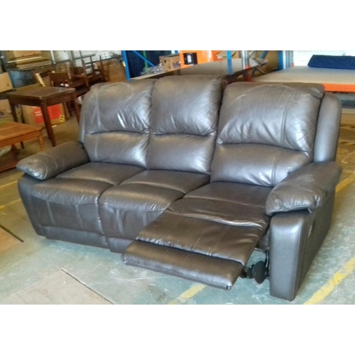 374 - Chocolate brown leather manual recliner 3 seater couch