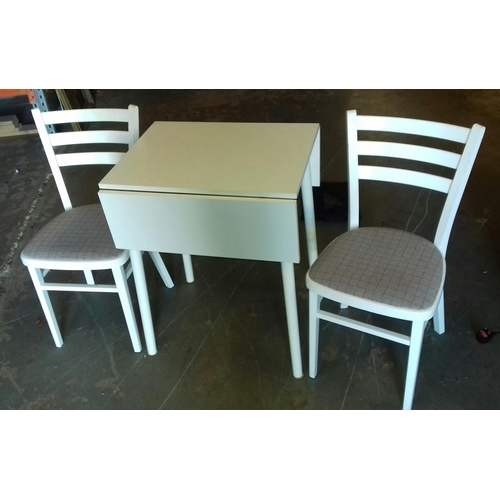 376 - 60 x 50 cm white drop leaf dining table with 2 chairs