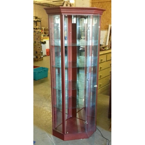 389 - 50 cm x 50 cm x 6 ft. tall dark wood look 4 glass shelf corner display cabinet with light