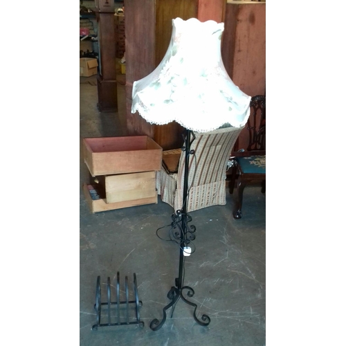 407 - Retro black wrought iron standard lamp and magazine rack