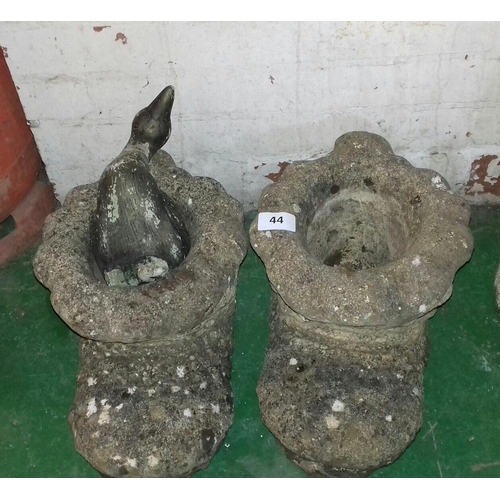 44 - Pair of weathered old Boot shaped garden planters and small duck garden ornament with repaired damag... 