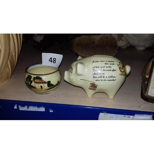 48 - Over glazed small stoneware hand-painted pot and vintage 9 cm tall pig shaped money bank with verse