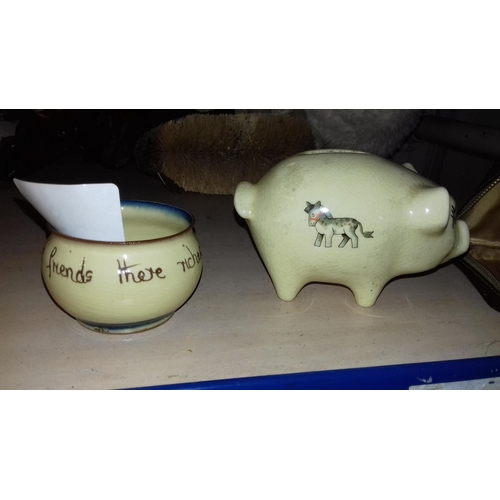 48 - Over glazed small stoneware hand-painted pot and vintage 9 cm tall pig shaped money bank with verse