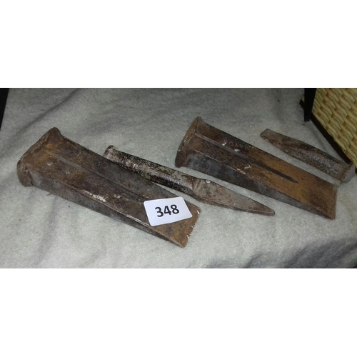 348 - 2 x vintage metal bolsters and 2 x vintage metal tree/log splitters