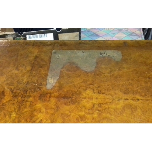 362 - 123 x 64 cm vintage burr walnut table on casters, water damage mark on top