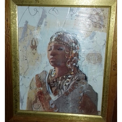 528 - 45 x 39 cm rustic framed African art tribeswoman picture