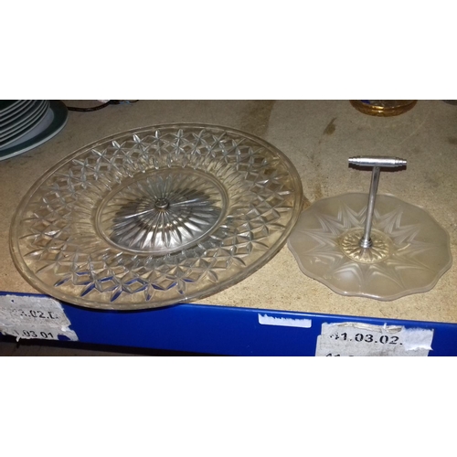 56 - 31 cm diameter glass pedestal cake plate and smaller handled cake plate