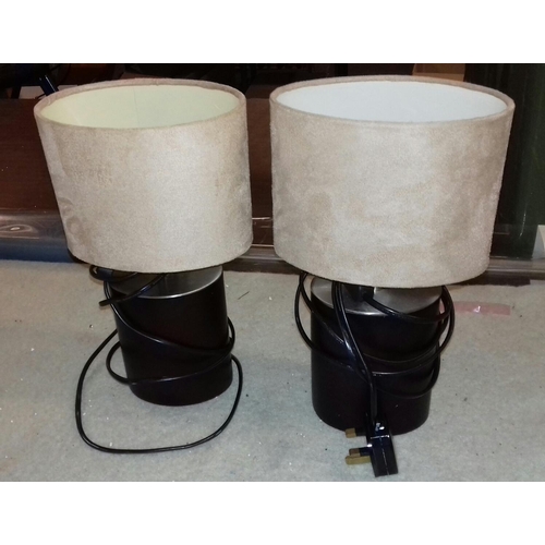 414 - Pair of dark brown bedside lamps with faux suede shades