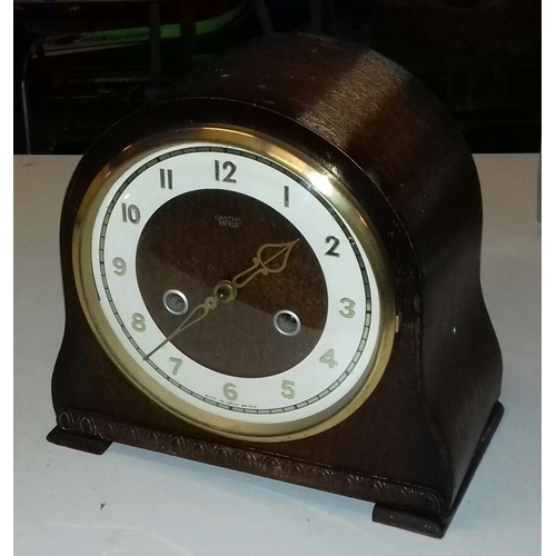 69 - 1940's Smiths wooden framed mantle clock with key and Pendulum