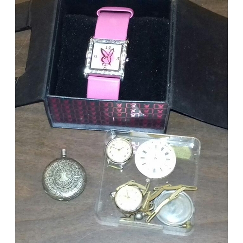 595 - New Playboy watch and assorted other old watches, watch faces including hallmarked silver case etc.