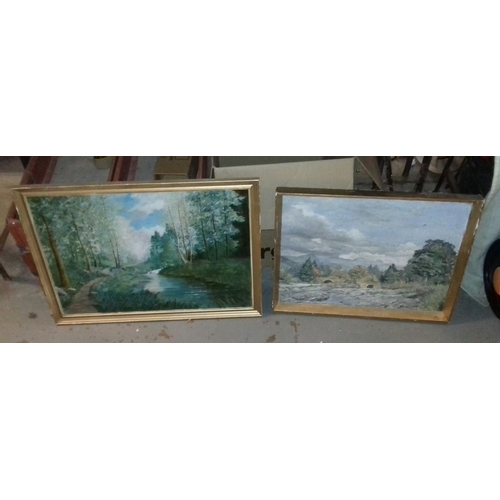 549 - 76 x 56 gilt framed oil on board riverscape and 65 x 50 cm oil on board landscape signed THIEME