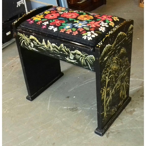 460 - Japanese lacquered style organ or piano stool with tapestry seat