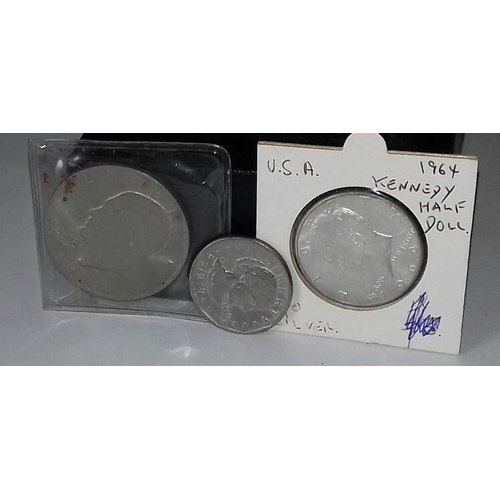 602 - 3 x silver us coins being 1971 $1, 1979 dollar 1964 Kennedy half dollar