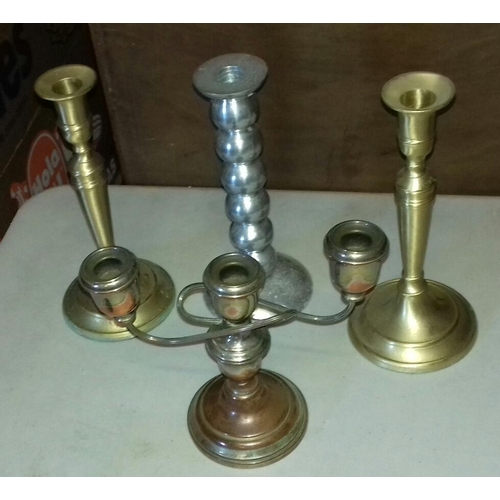 129 - Triple Candelabra, pair of brass luck candlesticks and white metal bubble effect candlestick