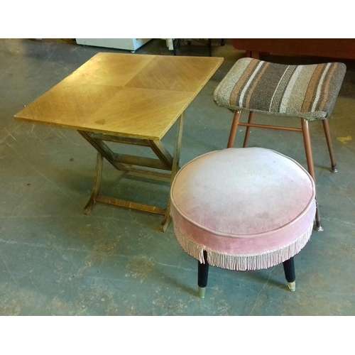 462 - 2 x retro footstools and wooden folding occasional table