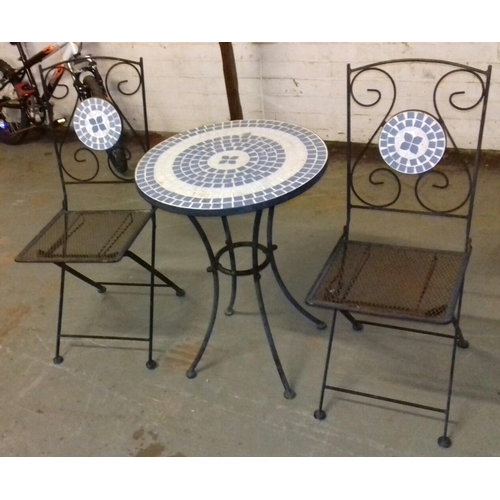 393 - Metal and tile topped garden table and 2 x folding chairs