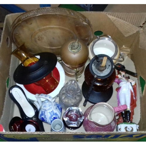 183 - Box of assorted miscellaneous including old glass oil lamp etc.