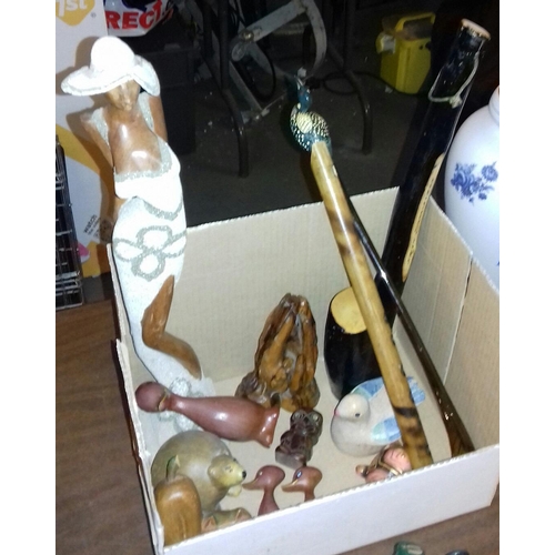 384 - Box of assorted wooden misc. including Irish shillelagh etc.