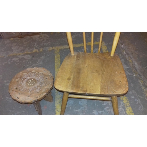 433 - Stick back chair and inlaid carved wine table