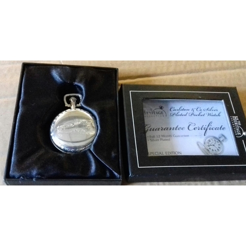 579 - Boxed heritage collection Carlston and Co silver-plated pocket watch with certificate of authenticit... 