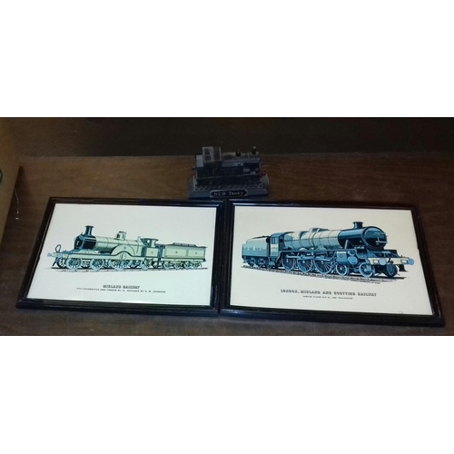 279 - Pair of 25 x 19 cm framed train pictures and NCB tanky coal sculpture