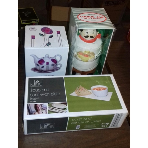 271 - 3 x boxed and unused items being tea for one set, marks and Spencer's cookie jar and soup with sandw... 