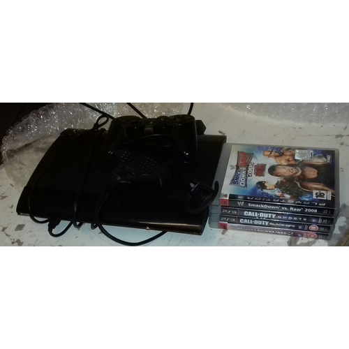 60 - PlayStation 3 games console, model CECH-4003C, with controller, keyboard, HDMI lead and 4 x games be... 