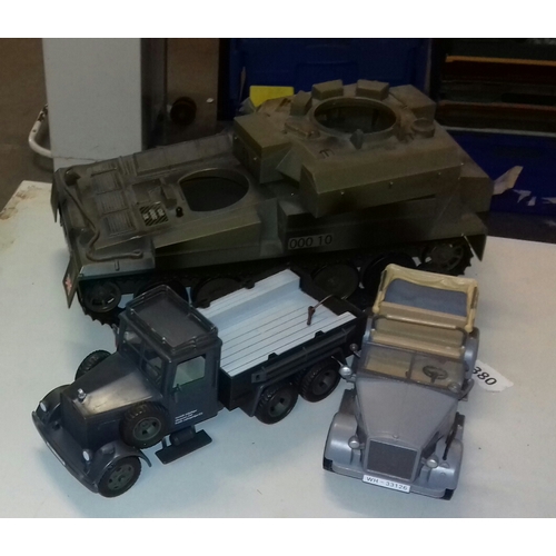 198 - Action man size HM forces tank and 2 x smaller Hasbro German trucks