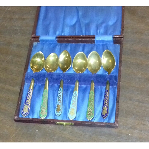 134 - Set of 6 x enamelled brass teaspoons in box