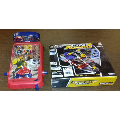 272 - Boxed Mechanix touring motorbike construction set and unboxed Ultimate Spider-Man table top pinball