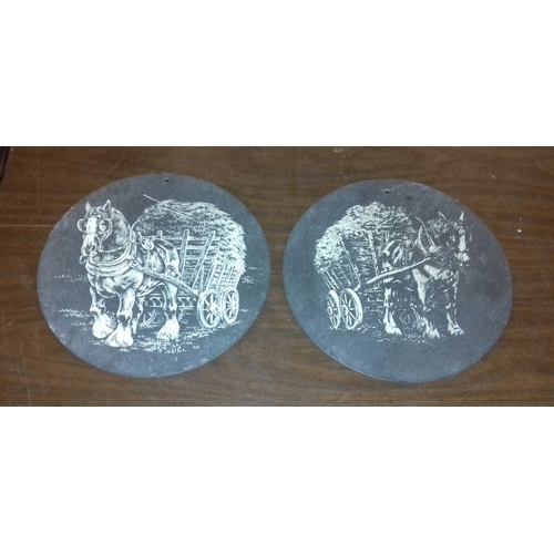 131 - Pair of 23 cm diameter slate Shire horse and cart picture plaques