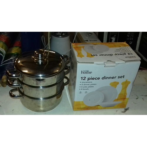 173 - Gas cooker 3 tier steamer and boxed 12 piece dinner set