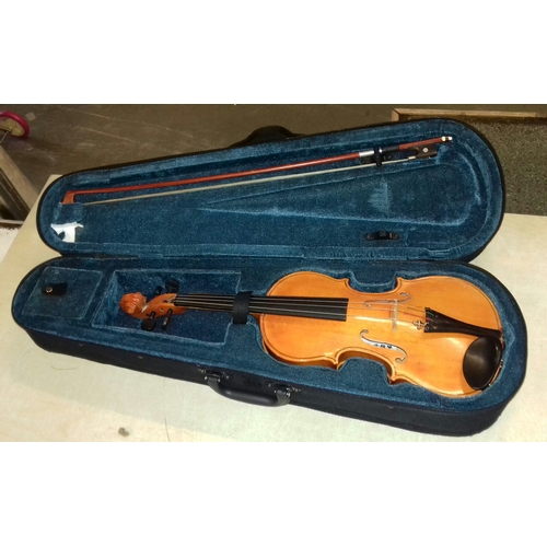 160 - Chinese made Article violin in case with bow and spare bridge