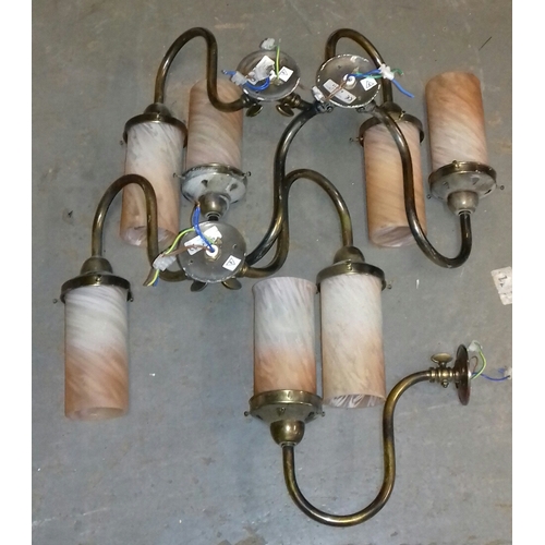 280 - Bundle of 3 x 2 arm and 1 x single pub wall lights with glass shades